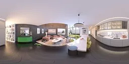 360 HDR panorama of a stylish ground floor living area with modern furniture and large windows.