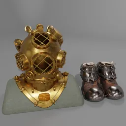 "Mark V Diving Helmet and Shoes from Morse Diving Equipment, modeled in 3D with ultra-realistic depth shading and 3D reflections. A classic diving icon used by famous divers Jacques Cousteau and Mike Nelson, featuring a robust copper alloy construction, folding visor, and communication facility for deep sea safety and effectiveness."