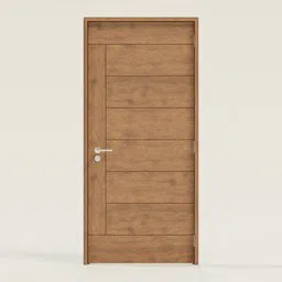 Highly detailed Blender 3D model of a realistic wooden-textured metal fireproof door with modern handle.