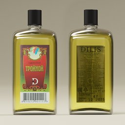 "Triple Cologne: Vintage perfume glass bottle with scanned label, reminiscent of the Soviet era. This high-quality Blender 3D model showcases the unique style of Alexander Trufanov, featuring two bottles of olive oil on a table, with a touch of artistic depth of field."