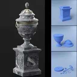 "Exterior Vase 3D Model for Blender 3D: Baroque-inspired garden decoration with annular handles, flower, and ovoid on pedestal.  Perfect for 3D printing with options for CNC, DFM or Resin printing. Export in .STL format with 3D-Print Toolbox addon."