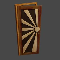 Intricately designed 3D wooden door model with radial sun pattern for Blender artists and 3D graphics use.