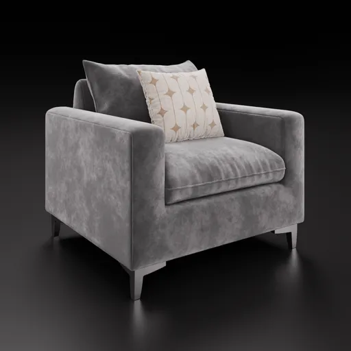 Realistic gray velvet armchair 3D model with cushion for Blender rendering, showcasing detailed texture and design.