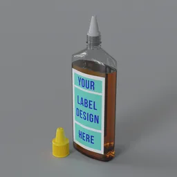 "Customizable plastic ink bottle 3D model with yellow cap and symmetrical die cut sticker render for Blender 3D. High-quality sample render depicting bright diffuse lighting and flexiseal vials in a cluttered laboratory."
