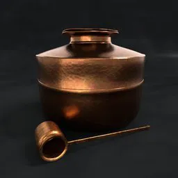 Rendered 3D model of an Indian copper water pot with ladle, showcasing realistic texturing and lighting, suitable for Blender.