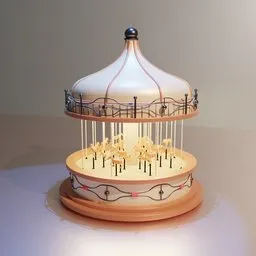 Lowpoly Blender 3D model of carousel with horses, simple beige and white materials, intended for use in scenes requiring a nostalgic touch.