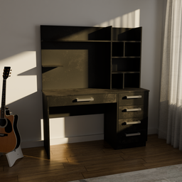 Realistic Blender 3D model render of a child's study desk with drawers and shelves, textured and shaded, with indirect lighting.