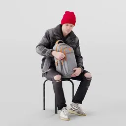 3D model of seated man with beanie opening backpack, in urban fashion, suitable for Blender rendering.