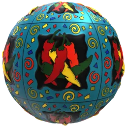Highly detailed PBR ceramic material with colorful Mexican patterns for Blender 3D, includes texture scaling and rotation adjustments.