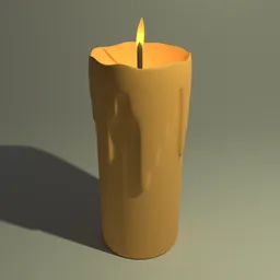 "A realistic 3D model of a candle made of beeswax, created in Blender 3D. The candle is lit and placed on a table, with a golden smooth material and abstract realism inspired by Caesar van Everdingen. Perfect for art projects and visualizations in the style of simplified realism."