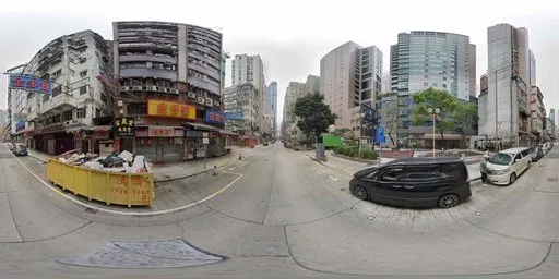 360-degree view of urban Hong Kong street for realistic scene lighting, showcasing buildings and road textures.