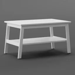 "A sleek and modern white coffee table with a convenient top shelf, designed with a manly constructivist style and inspired by the Ikea catalogue. Perfect for interior design projects created using Blender 3D software, with accurate measurements based on Latvian Ikea store specifications."
