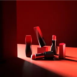 Red-themed 3D rendered beauty products showcasing minimalist design in a striking monochrome setting for visual art and marketing.