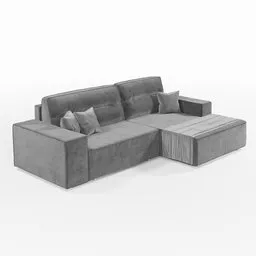 "Luxurious L-shaped velvet sofa with ottoman and chair, rendered in high poly 3D model for Blender 3D. Featuring a monochrome, grey tarnished longcoat, this elegantly designed sofa is perfect for modern interiors. Cubist style, full-length view showcasing its slim body and textured base, ideal for adding a touch of sophistication to your virtual projects."