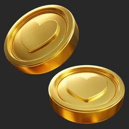 Detailed 3D-rendered golden coin with embossed heart ideal for Blender modeling projects, showcasing texture and lighting effects.