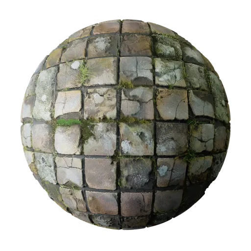 Old dirty tiles with moss and grass