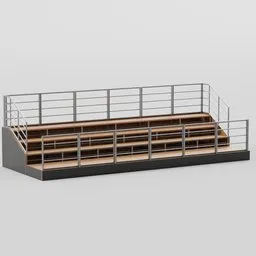 Detailed 3D model of stadium bleachers with metal railings and wooden seats, optimized for Blender rendering.
