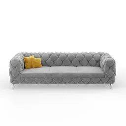 "Quilted glamor style sofa with yellow pillow, modeled in 3D with high polygon count in Blender 3D software by Harriet Zeitlin. Exuding a Nordic pastel color theme and vaulted grey metal body, perfect for luminist style interiors. Texture originally designed for The Sims 4."