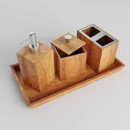 Detailed 3D render of wooden bathroom accessories set for Blender modeling projects.