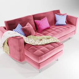 "Velvet L Sofa with pillows in varying colors available for Blender 3D. Inspired by artists Johan Lundbye and Carl Frederik von Breda, with checkered motifs and rendered in either V-ray, Renderman, or Unreal engine."
