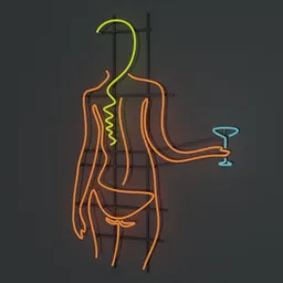 Stylized neon bikini woman silhouette with martini, 3D model for Blender, ideal for bar decor.