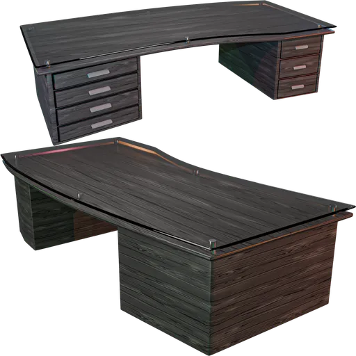 Detailed 3D model of a large office desk with drawers suitable for Blender rendering projects.