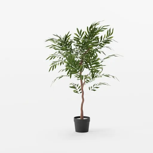 Realistic Blender 3D artificial willow tree model with customizable leaves for virtual scenes, in pot ready for interior design.