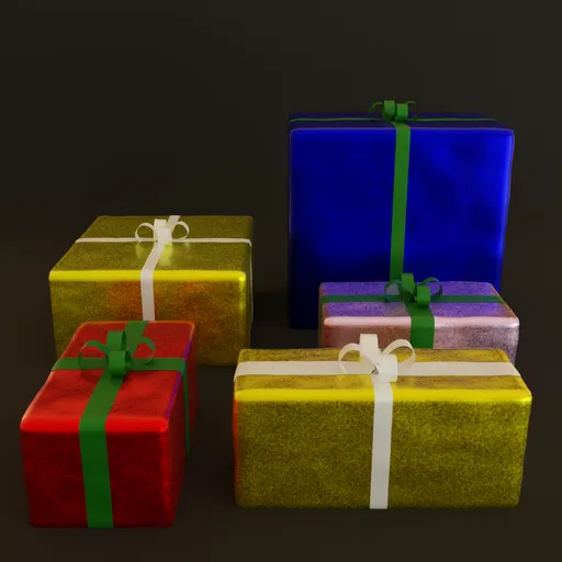 Variety of colorful wrapped gift box 3D models with procedural textures for Blender artists.