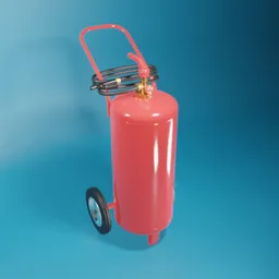 "3D model of a red fire extinguisher with trolly, created in Blender 3D. Photorealistic rendering with propane tanks and gradient shading, perfect for agricultural and safety projects."