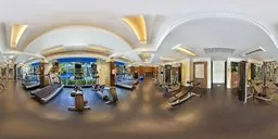 Urban gym HDR panorama with modern workout equipment, ambient lighting, and city views for scene illumination.