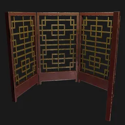 Detailed 3D render of a traditional-style Japanese partition with geometric metal embellishments suitable for use in Blender.