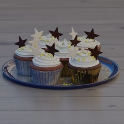 High-quality 3D-rendered cupcakes with frosting and stars, ideal for festive Blender 3D projects.