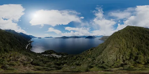 High-resolution aerial HDR panorama of a Canadian mountainous lakeside with dynamic lighting for scene illumination.