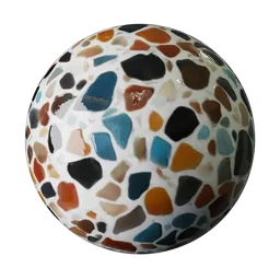 High-resolution PBR textured sphere with a vibrant, multicolored terrazzo effect for 3D modeling.