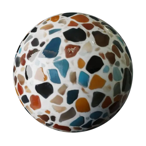 High-resolution PBR textured sphere with a vibrant, multicolored terrazzo effect for 3D modeling.