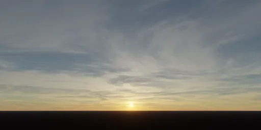 Warm sunset horizon with radiant sun and wispy clouds for realistic scene lighting.