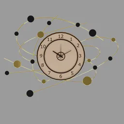 "Decorative 3D model of a wall clock with black background, gold accents, and intricate lines inspired by John Laviers Wheatley and James Peale. Created using Blender 3D software and featuring a simplified realistic style with silver and muted colors, this asset adds a touch of sophistication to any design project."