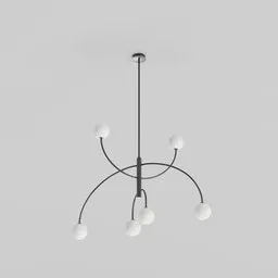 "Scandinavian style ceiling lamp 3D model with five antigravity lights, featuring stark contrasting lighting and simplified shapes. Radial light and interconnections create a unique branching effect. 1k textures included. Ideal for interior lighting design in Blender 3D."