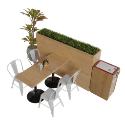 Detailed 3D model of a modern food court table with chairs and decorative plants, suitable for Blender renderings.