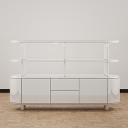 "Explorer Cabinet: A white entertainment center with shelves, drawers, and glass elements, inspired by Wilhelm Leibl's design. This 3D render features rounded lines and a long white cape, perfect for a waiting room or a kids' bookcase. Ideal for Blender 3D enthusiasts seeking high-quality models with a 10k resolution and V8K catalog photo."