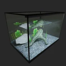 "3D model of a decorative aquarium with fish, plants, and atmospheric lighting. Perfect for Blender 3D enthusiasts seeking realistic aquatic scenes."