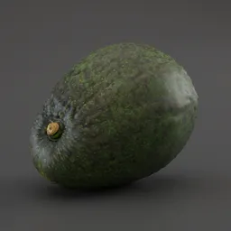 "Photo-realistic 3D model of a whole avocado created in Blender 3D. Perfect for displaying recipes and inspired by the work of Diego Velázquez, this high-definition model showcases the avocado's unique texture and color. Ideal for use in food and kitchen-themed projects."