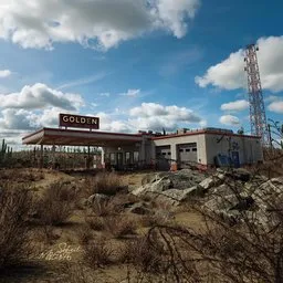 Realistic 3D-rendered desert gas station scene with detailed textures, ideal for Blender artists.