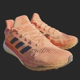 "Red Adidas sport running shoes rendered in Blender 3D. This 3D model features a pink and black design on the sole, with accurate ultra-realistic faces and sparse floating particles. Perfect for game development and visualization projects."