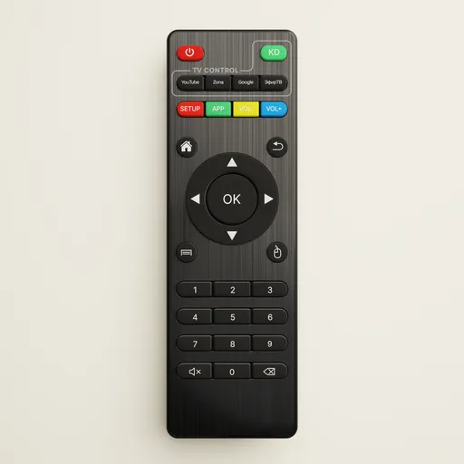 Realistic Blender 3D rendering of a black TV remote control with colorful buttons.