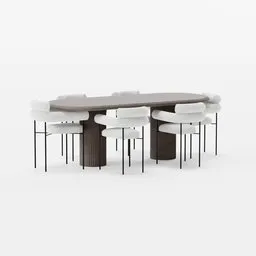 "3D model of a family dinner table with 6 chairs, made in Blender 3D. The table features a glass and metal top with the Peugeot Onyx design, while the chairs are a mix of browns and whites."