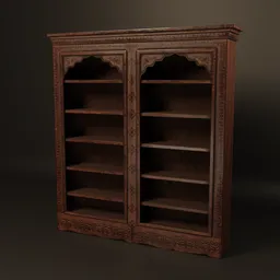 "Low poly wooden bookcase 3D model for Blender 3D. Inspired by Sheikh Hamdullah and created by Ambreen Butt, this antique mahogany wood bookcase features ornate and intricate details with a shelf and multiple shelves. Available for download and rated by users."