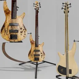 "Black Spider e Bass 3D model for Blender 3D - detailed instrument with rosewood and maple wood types, Shaller roll bridge and tuning machines, and a Les Paul rolling nut. Includes a tripod guitar telescope stand and black nylon wrapped bass strings. Perfect for music enthusiasts and Blender 3D users."