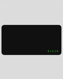 Detailed 3D render of a large black gaming mousepad with a green logo in the bottom right corner.
