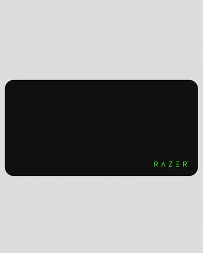 Detailed 3D render of a large black gaming mousepad with a green logo in the bottom right corner.
